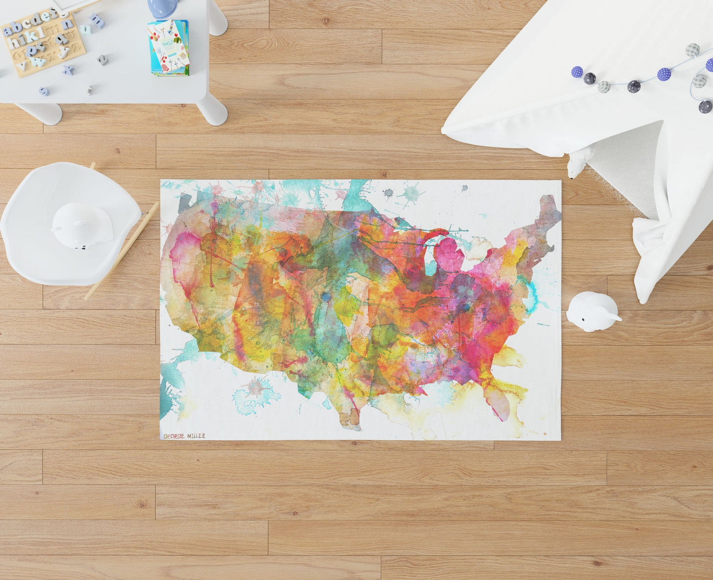 Watercolor Area Rug, Large Rug, Thick Carpet, Rectangle Area Rug, Colorful Rug, United States Map, Contemporary Rug, Floor Rugs, Made In Usa