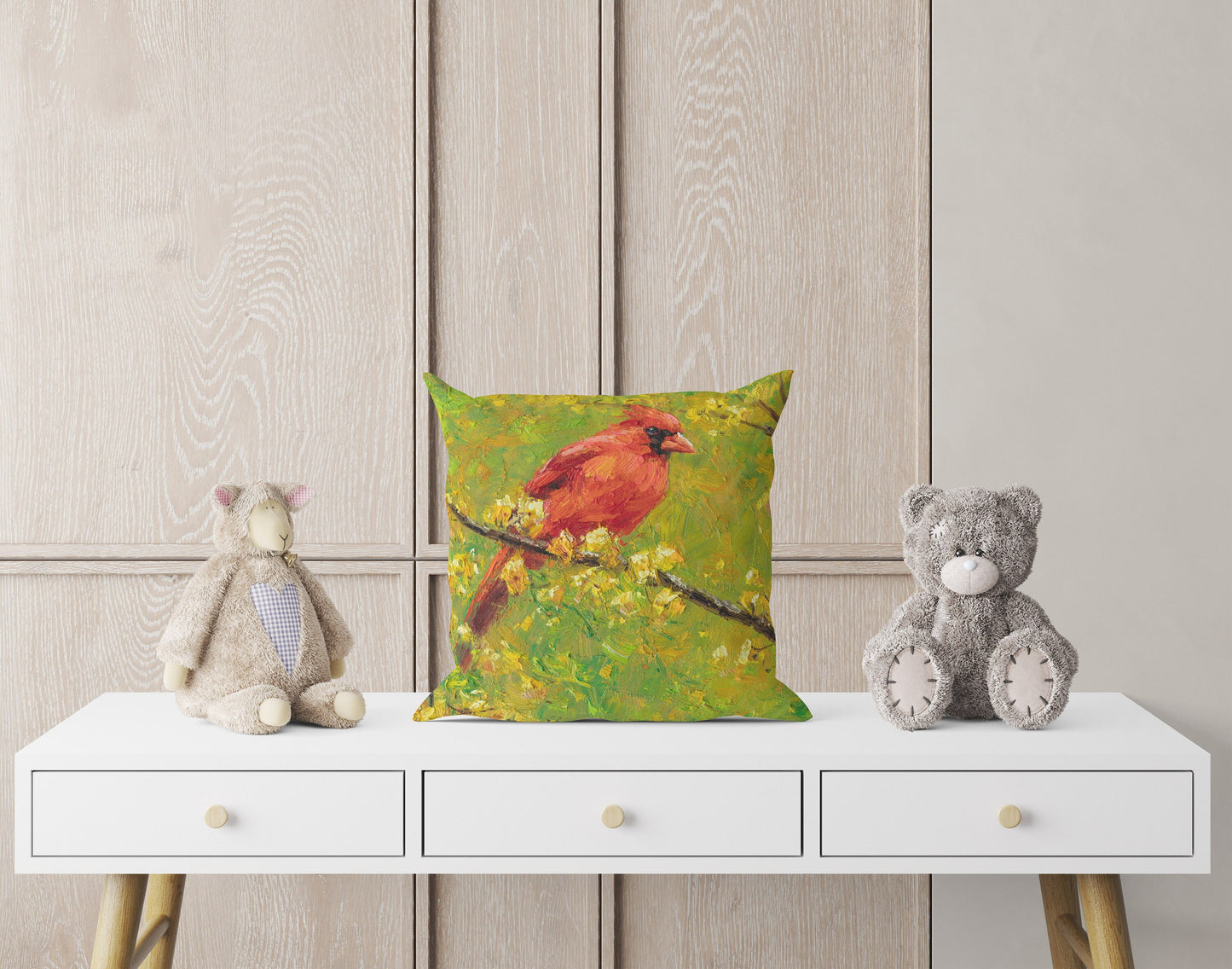 Pillow Cover, Northern Cardinal Male Red Bird Pillow, Comfortable, Bright Yellow Pillow, Fun Throw Pillows, Square, Home Decor Pillow