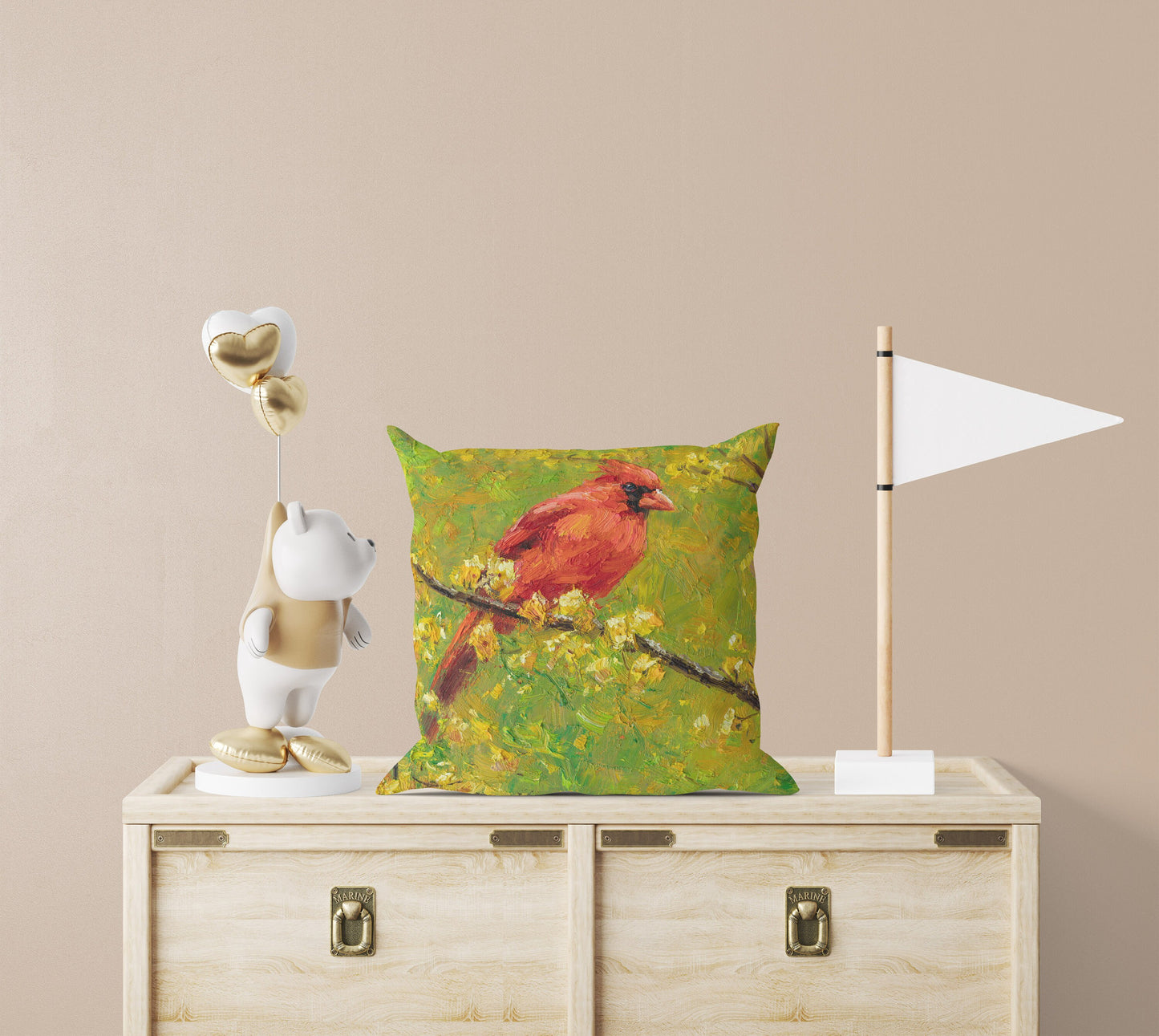Pillow Cover, Northern Cardinal Male Red Bird Pillow, Comfortable, Bright Yellow Pillow, Fun Throw Pillows, Square, Home Decor Pillow