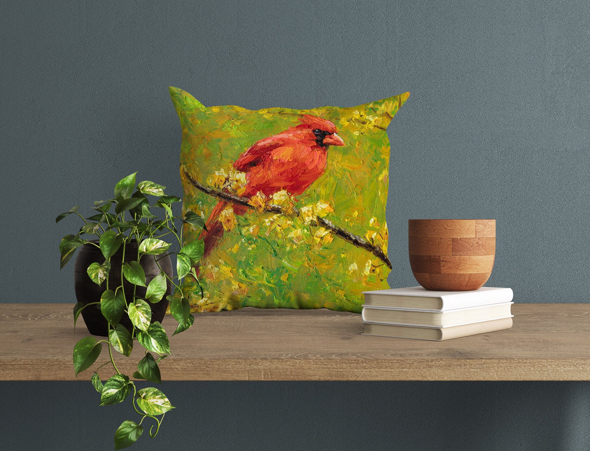 Pillow Cover, Northern Cardinal Male Red Bird Pillow, Comfortable, Bright Yellow Pillow, Fun Throw Pillows, Square, Home Decor Pillow
