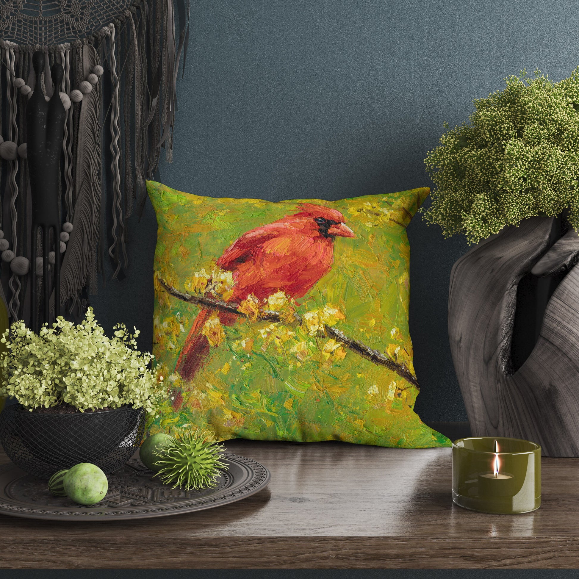 Pillow Cover, Northern Cardinal Male Red Bird Pillow, Comfortable, Bright Yellow Pillow, Fun Throw Pillows, Square, Home Decor Pillow