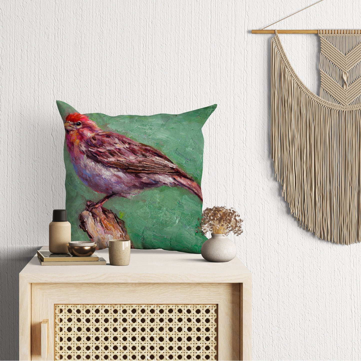 Throw Pillow Cover, House Finch Bird Pillow, Soft Pillow Cases, Red Pillow Cases, Beautiful Pillow, Square, Housewarming Gift