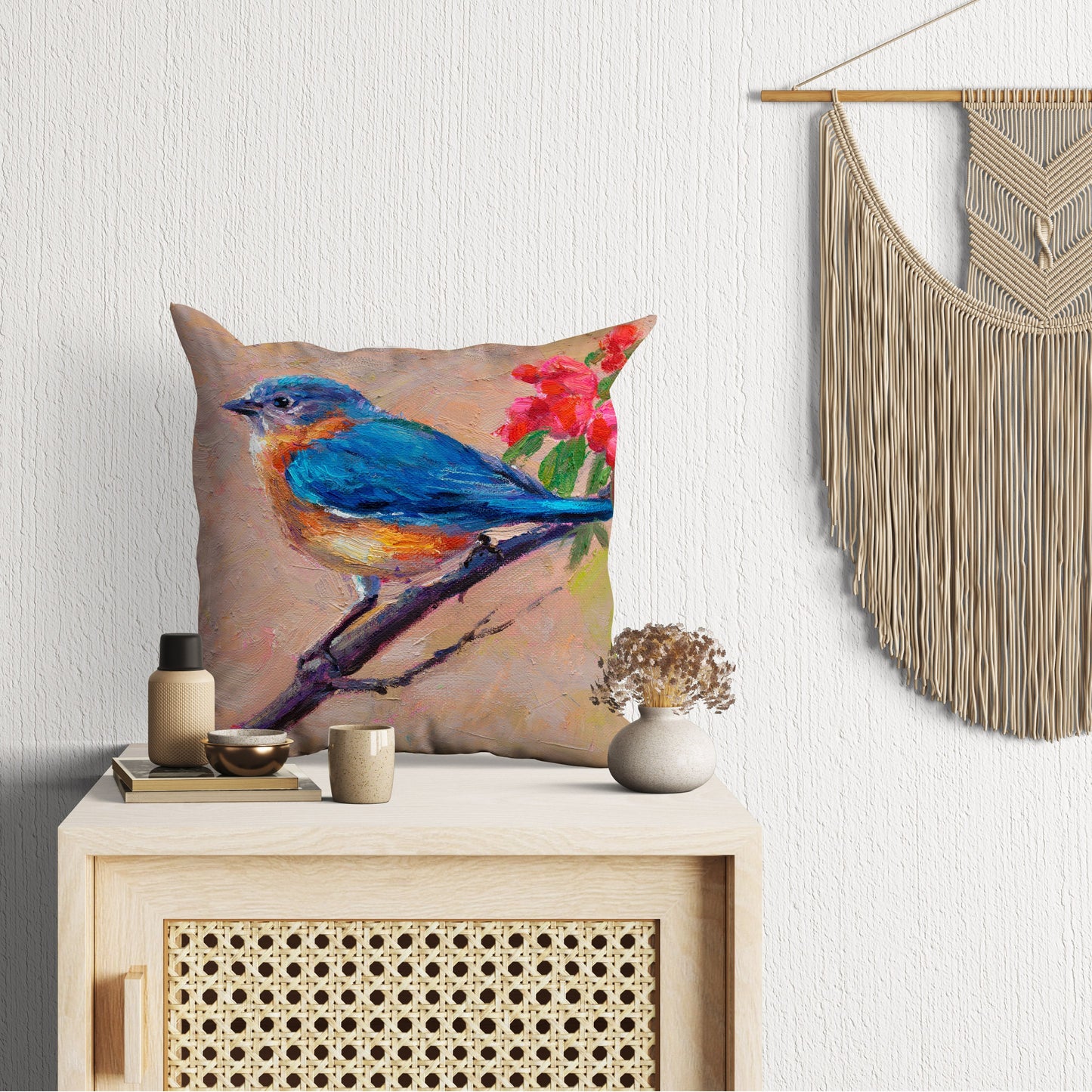 Throw Pillow, Blue Bird Pillow, Comfortable, Red Pillow Cases, Beautiful Pillow, 16X16 Case, Home Decor Pillow