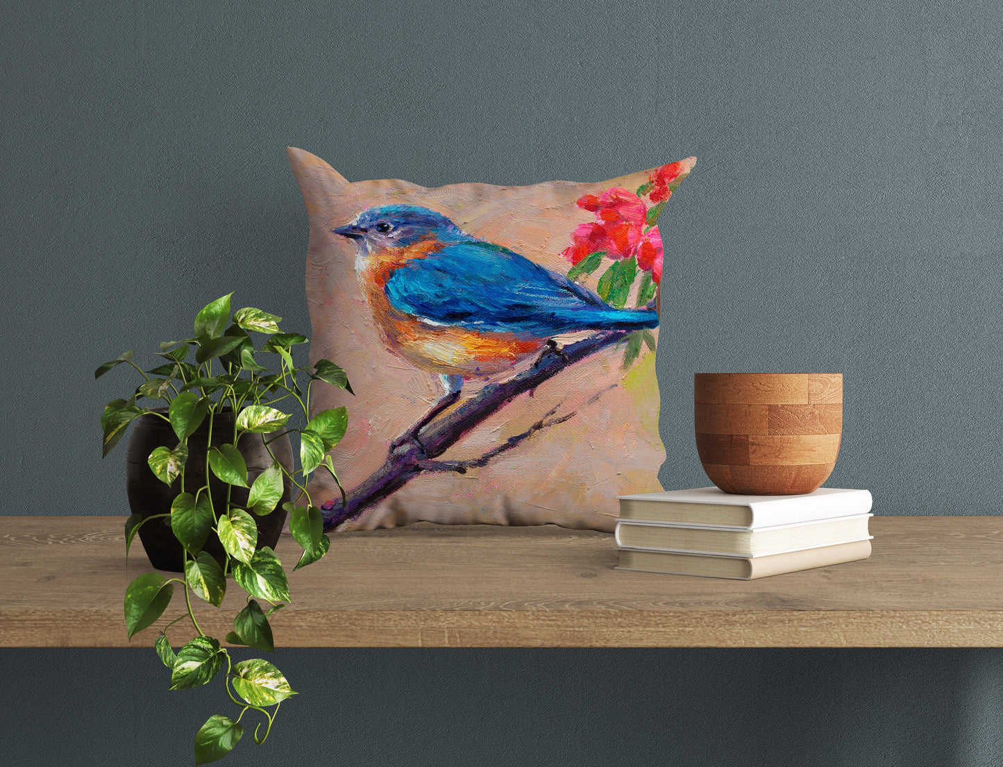 Throw Pillow, Blue Bird Pillow, Comfortable, Red Pillow Cases, Beautiful Pillow, 16X16 Case, Home Decor Pillow