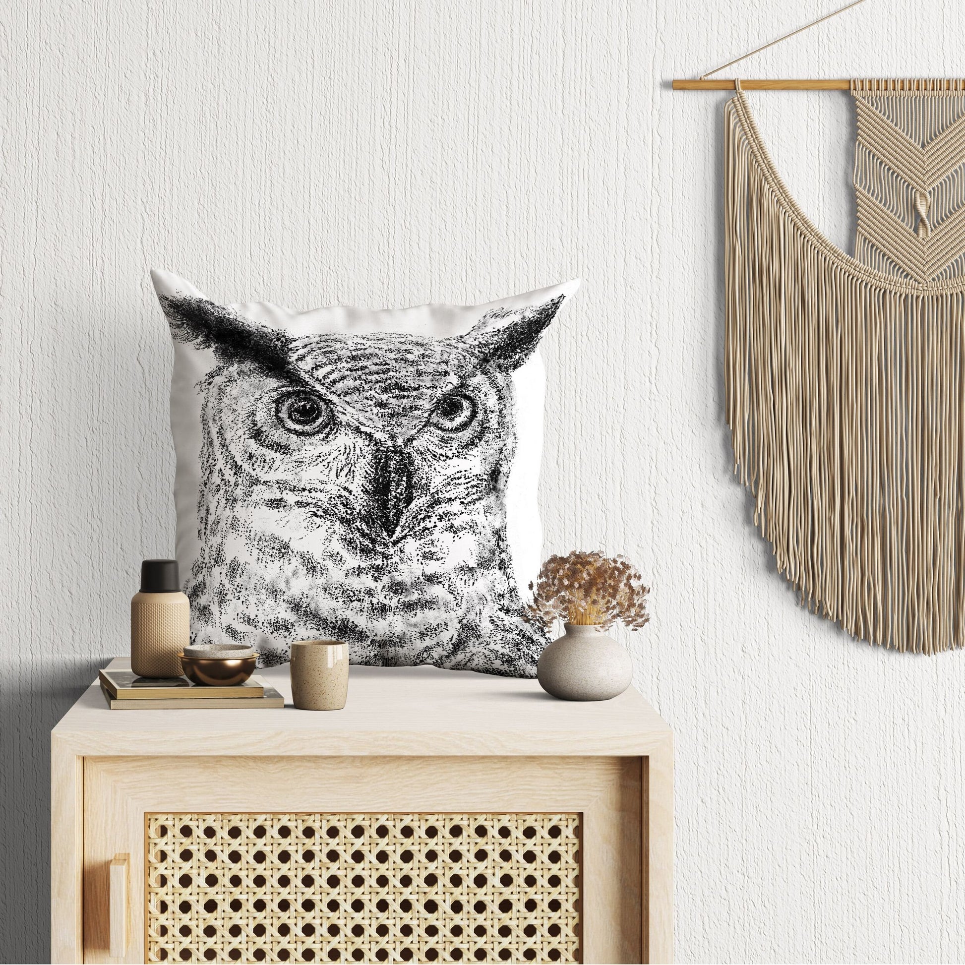 Owl Pillow Case, Bird Pillow, Art Pillow, Black White Pillow, Beautiful Pillow, 16X16 Case, Housewarming Gift, Farmhouse Decor