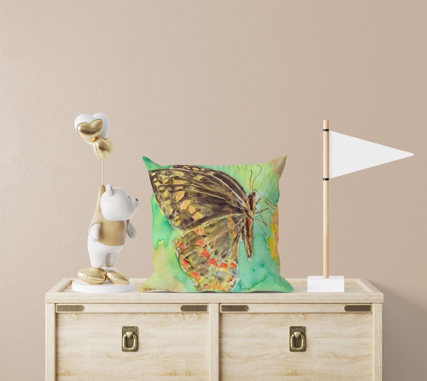 Butterfly Decorative Pillow, Spring Throw Pillow, GreenPillow Case, Watercolor Pillow Cases, Housewarming Gift, Indoor Pillow Cases