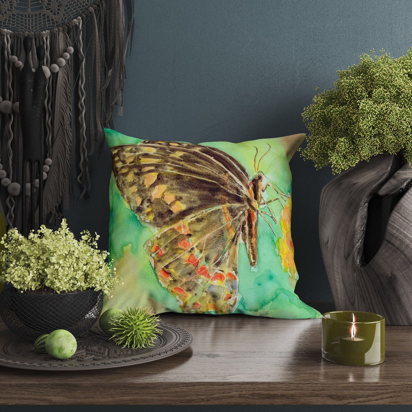 Butterfly Decorative Pillow, Spring Throw Pillow, GreenPillow Case, Watercolor Pillow Cases, Housewarming Gift, Indoor Pillow Cases