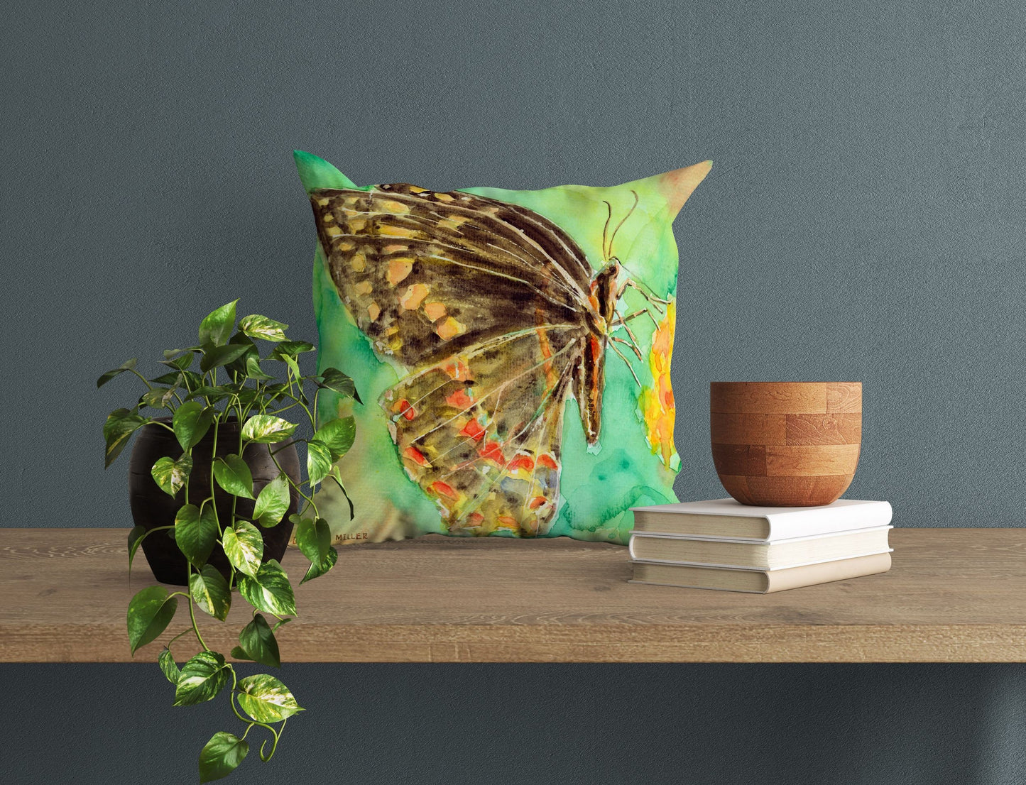 Butterfly Decorative Pillow, Spring Throw Pillow, GreenPillow Case, Watercolor Pillow Cases, Housewarming Gift, Indoor Pillow Cases