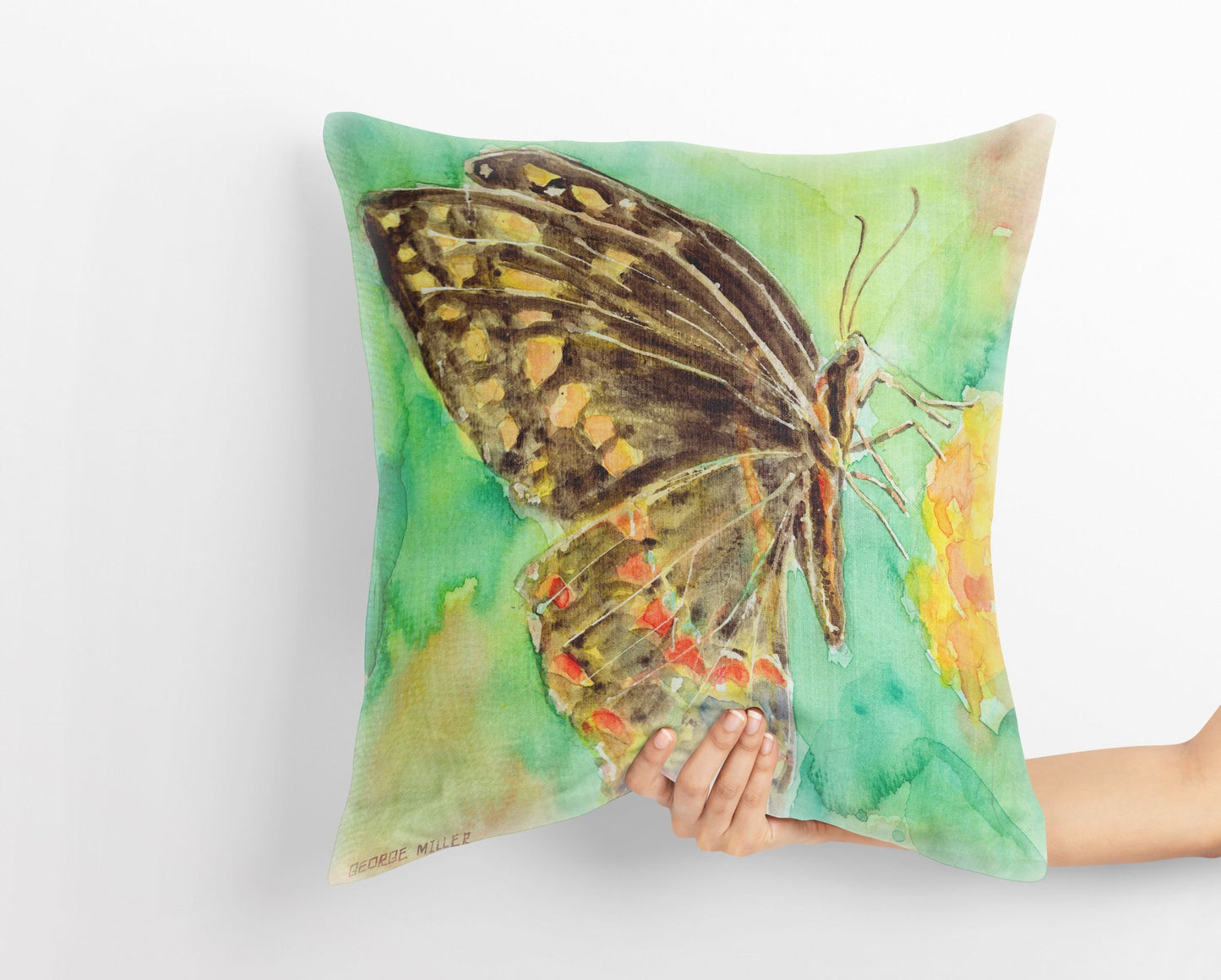 Butterfly Decorative Pillow, Spring Throw Pillow, GreenPillow Case, Watercolor Pillow Cases, Housewarming Gift, Indoor Pillow Cases