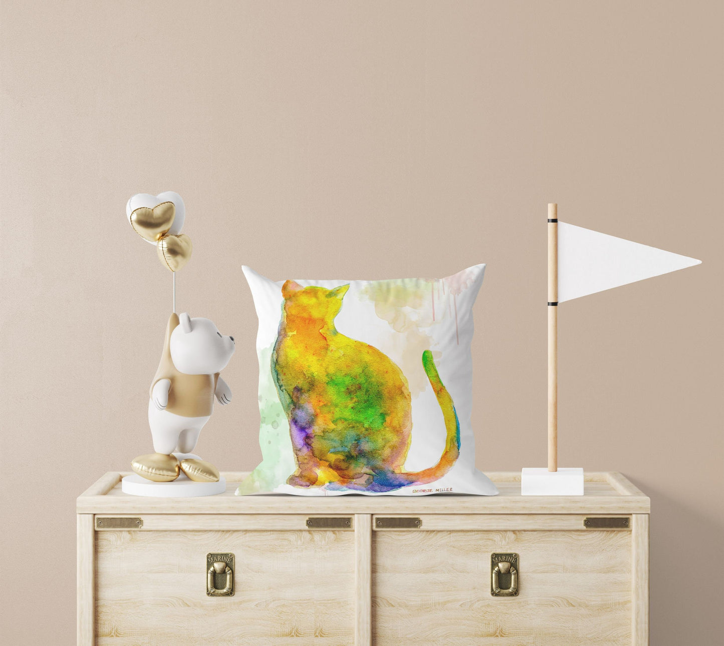 Colorful Cat Cute Pillow Cases, Pillow Cases For Kids, Animal Pillow, Artist Pillow, Green Pillow Cases, Watercolor Pillow Case