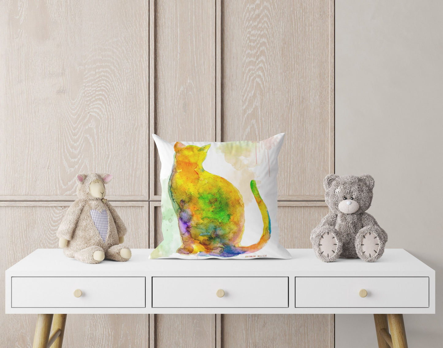 Colorful Cat Cute Pillow Cases, Pillow Cases For Kids, Animal Pillow, Artist Pillow, Green Pillow Cases, Watercolor Pillow Case