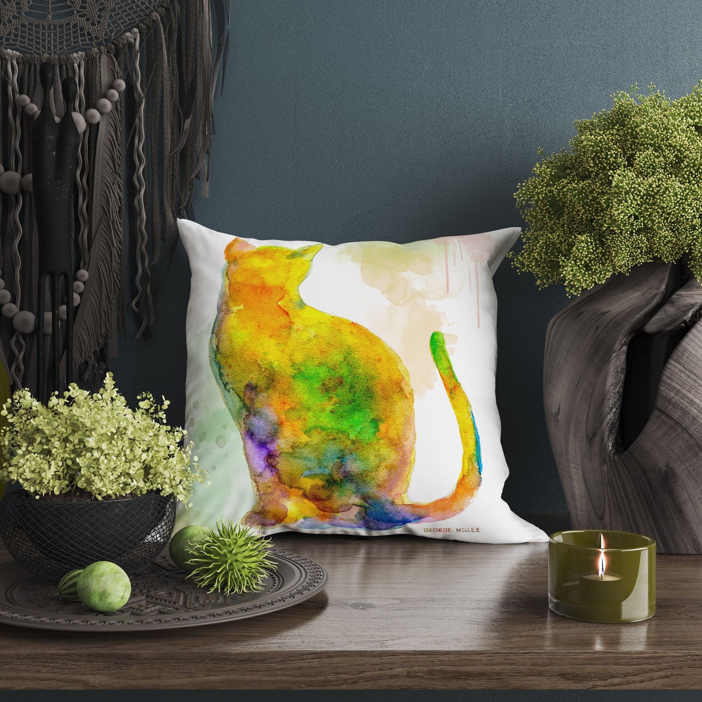 Colorful Cat Cute Pillow Cases, Pillow Cases For Kids, Animal Pillow, Artist Pillow, Green Pillow Cases, Watercolor Pillow Case