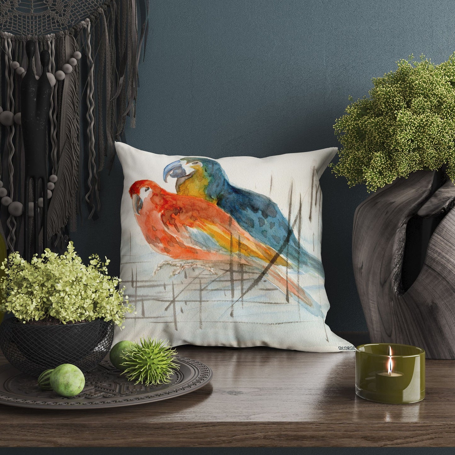 Parror Birds Pillow Cases For Kids, Designer Pillow, Red Pillow Cases, Watercolor Pillow Cases, Large Pillow Cases, Home Decor Pillow