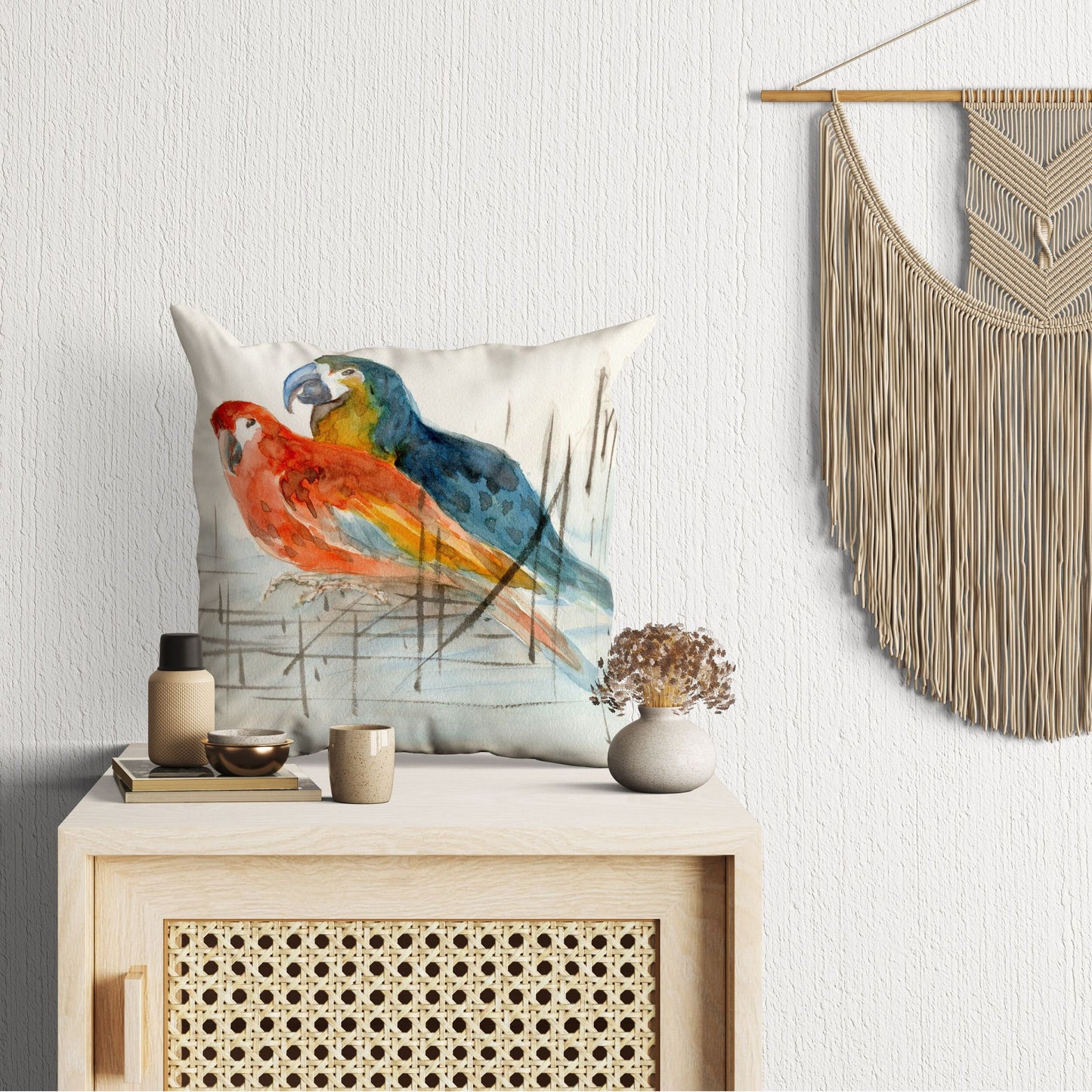 Parror Birds Pillow Cases For Kids, Designer Pillow, Red Pillow Cases, Watercolor Pillow Cases, Large Pillow Cases, Home Decor Pillow