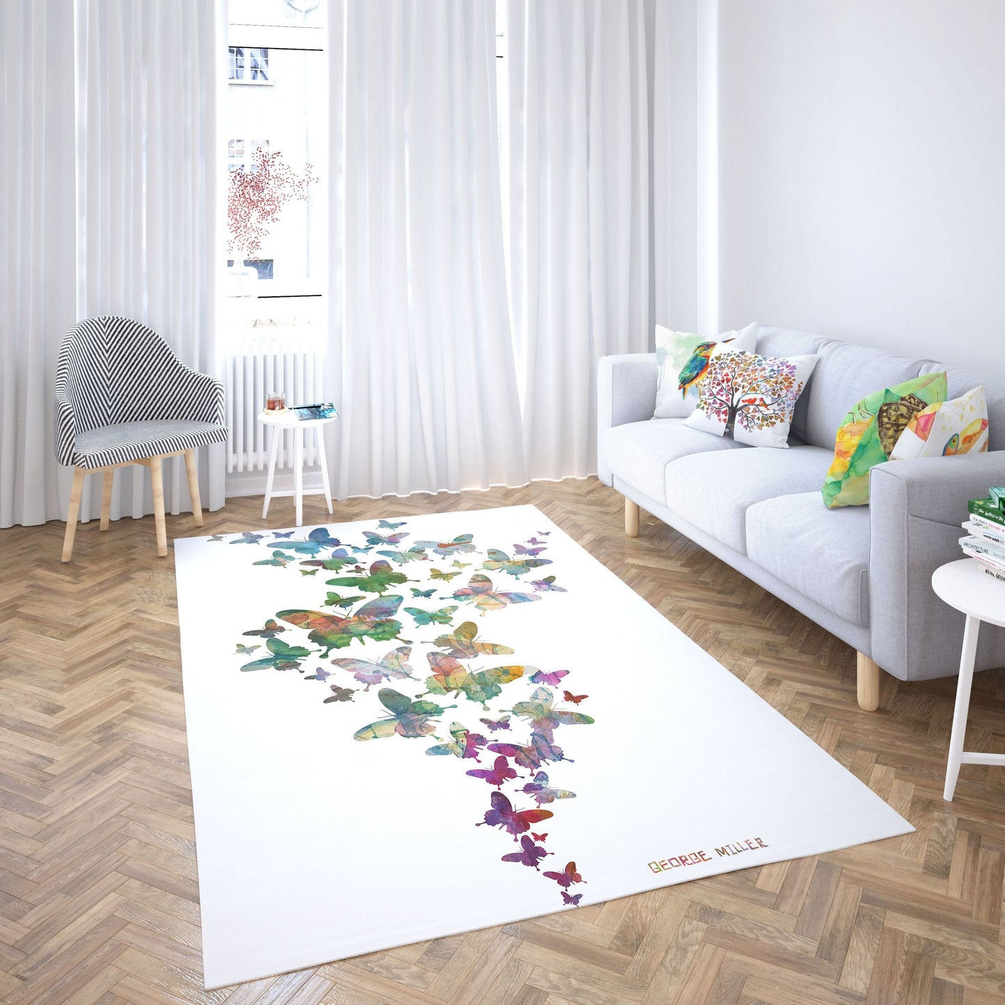 Floor Mat, Large Rug 6X9, Thick Carpet, Rectangle Rug, Green Area Rug, Butterflies Flying, Modern Carpet, New Home Gift, Made In USA