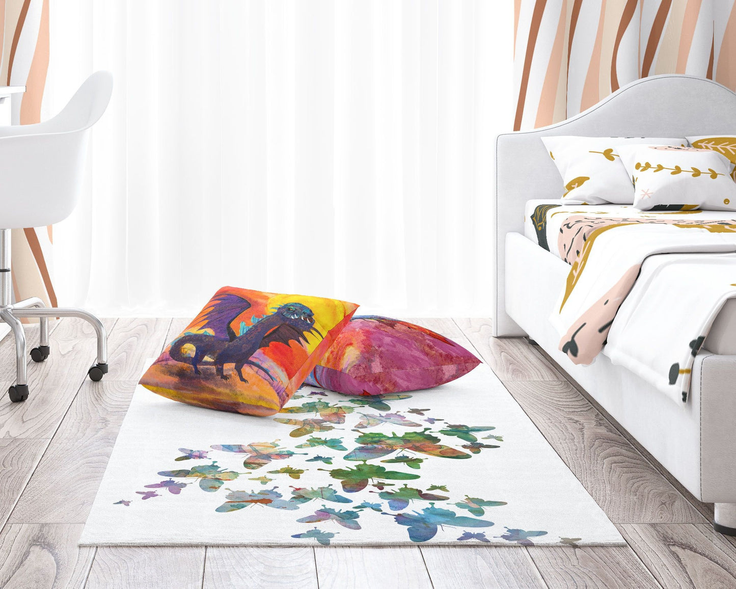 Floor Mat, Large Rug 6X9, Thick Carpet, Rectangle Rug, Green Area Rug, Butterflies Flying, Modern Carpet, New Home Gift, Made In USA