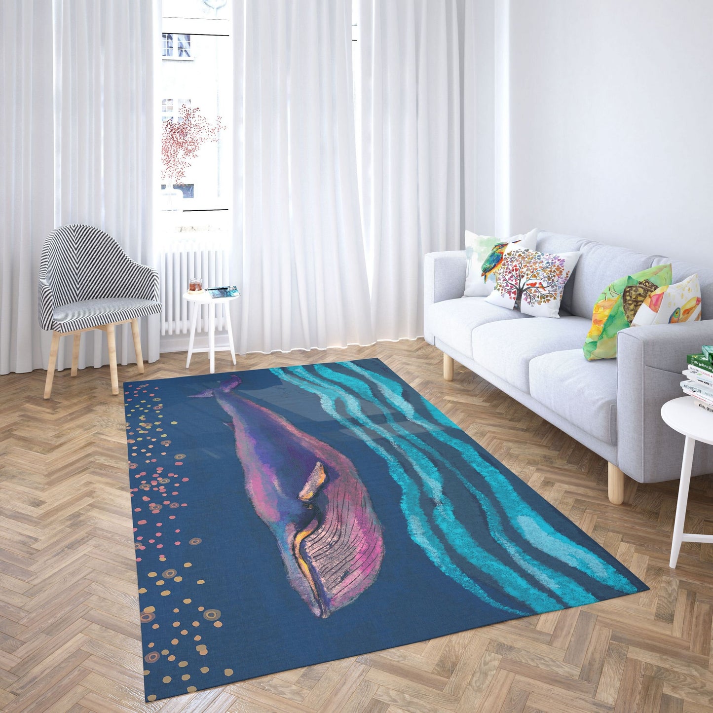Kids Rug, Large Area Rug, Thick Carpet, Rectangle Area Rug, Multi Color, Blue Whale, Ethnic Rug, Home Decor Rug, Made In Usa, Flat Woven Rug