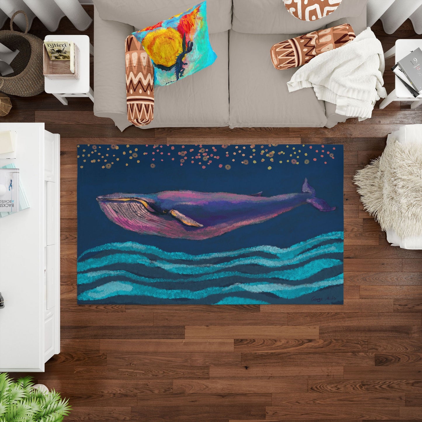 Kids Rug, Large Area Rug, Thick Carpet, Rectangle Area Rug, Multi Color, Blue Whale, Ethnic Rug, Home Decor Rug, Made In Usa, Flat Woven Rug