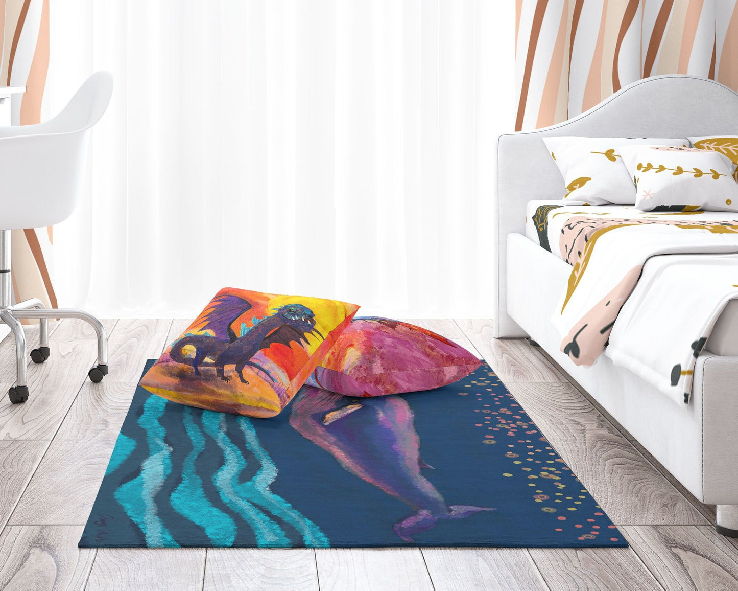 Kids Rug, Large Area Rug, Thick Carpet, Rectangle Area Rug, Multi Color, Blue Whale, Ethnic Rug, Home Decor Rug, Made In Usa, Flat Woven Rug