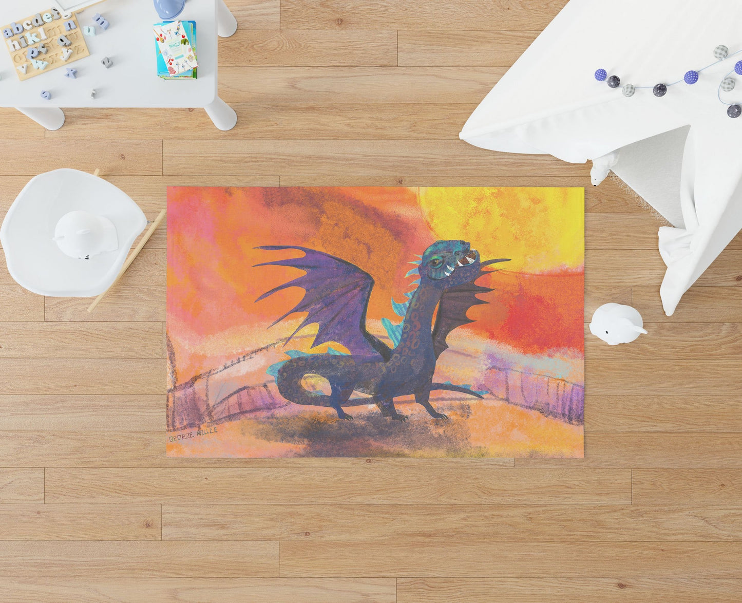 Kids Area Rug, Thick Carpet, Rectangle Rugs, Multi Color, Fire Breathing Dragon, Contemporary Rug, Gift For Her, Made In Usa, Flat Woven Rug