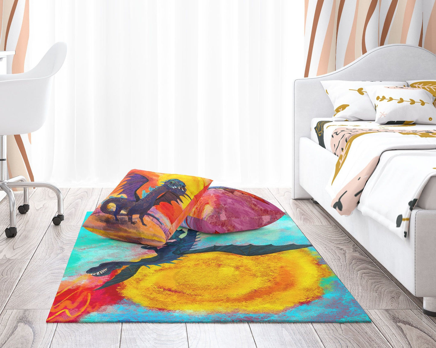 Kids Rug, Large Area Rug, Thick Carpet, Rectangle Rugs, Multi Color, Fire Breathing Dragon, Modern Carpet, House Decor, Made In USA