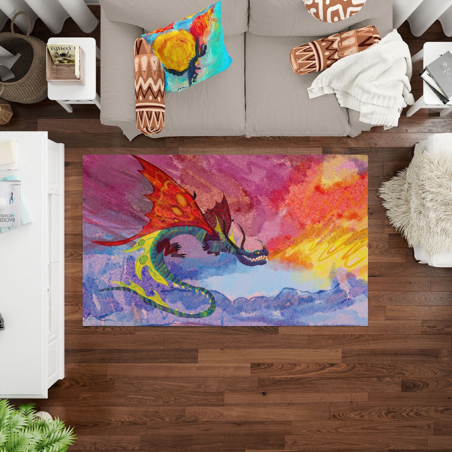Kids Rug, Rugs And Carpet, Thick Carpet, Rectangle Area Rug, Red Blue Area Rug, Fire Breathing Dragon, Contemporary Rug, Made In USA