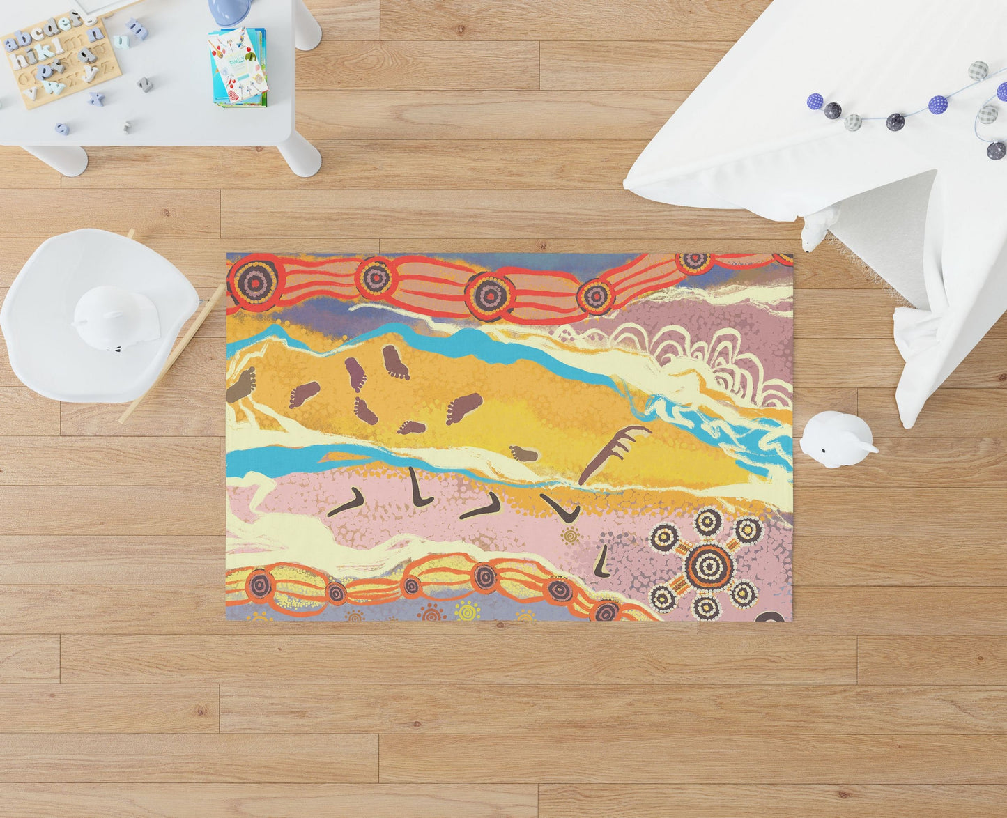 Area Rug, Durable Rug, Rectangle Rugs, Yellow And Gray Rug, Austrialian Aboriginal Rug, Modern Rug, Kids Rug, Made In Usa, Flat Woven Rug