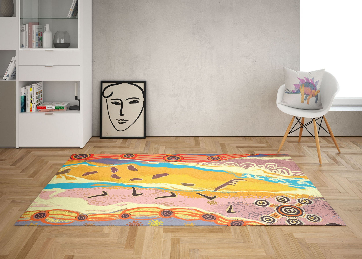 Area Rug, Durable Rug, Rectangle Rugs, Yellow And Gray Rug, Austrialian Aboriginal Rug, Modern Rug, Kids Rug, Made In Usa, Flat Woven Rug