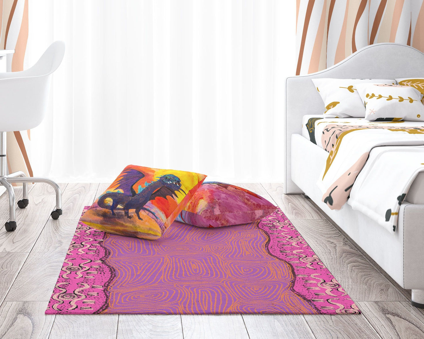Floor Mat, Durable Rug, Rectangle Rugs, Pink And Yellow Rug, Austrialian Aboriginal Rug, Contemporary Rug, Bedroom Carpet, Made In USA