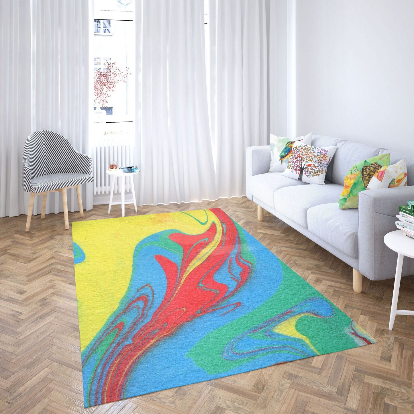Area Rug 4X6, Thick Carpet, Rectangle Area Rug, Rainbow Rug, Abstract Rug, Contemporary Rug, Home And Living, Made In Usa, Flat Woven Rug