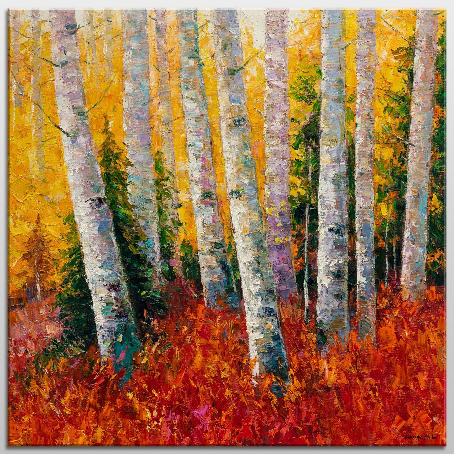 Oil Painting White Birch Trees Autumn, Landscape Wall Art, Large Canvas Art, Rustic Oil Painting, Textured Painting, Original Artwork