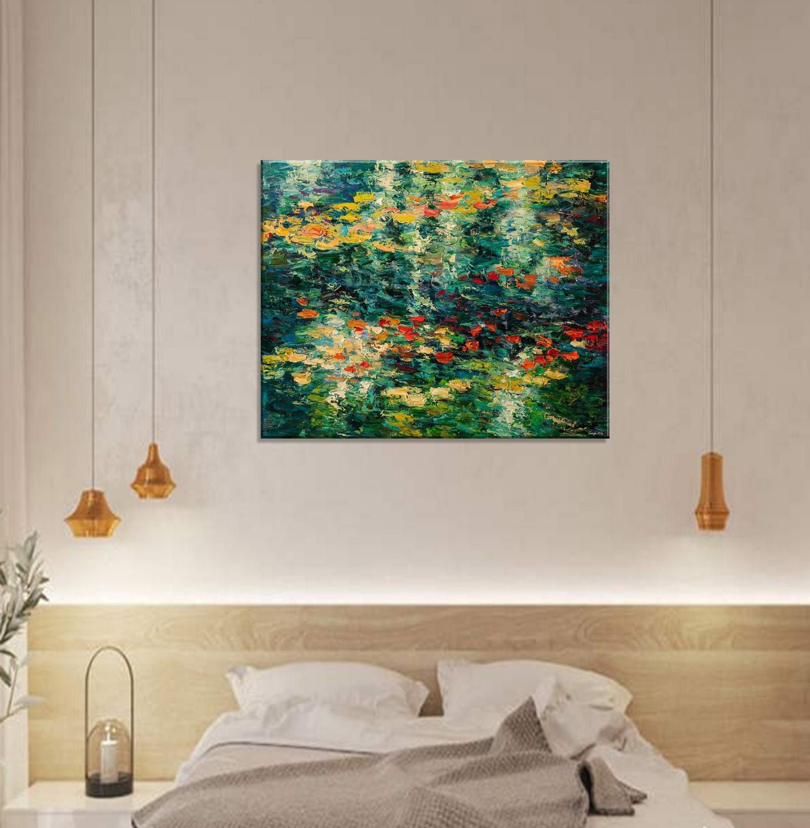 Experience the serenity of nature with Original Oil Painting Pond with Waterlilies by George Miller