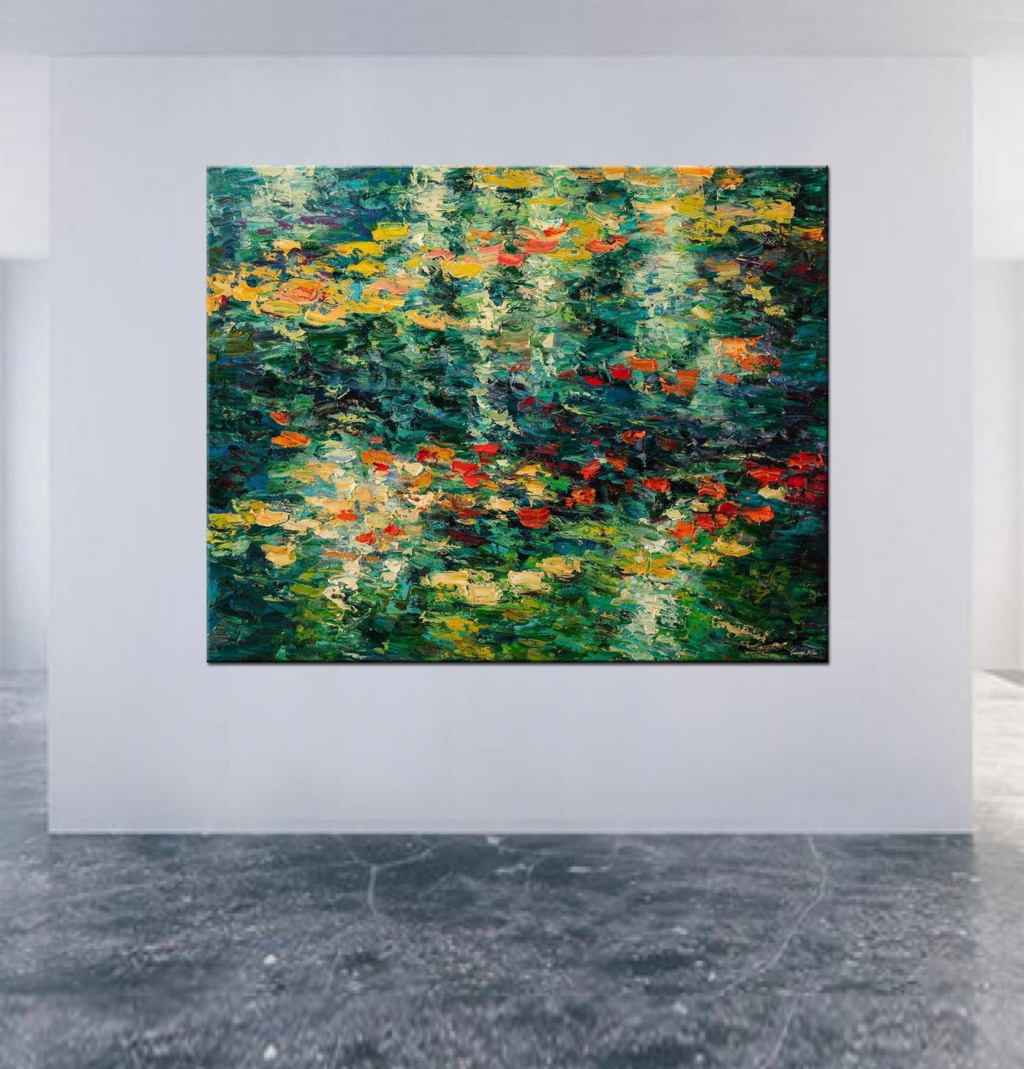 Experience the serenity of nature with Original Oil Painting Pond with Waterlilies by George Miller