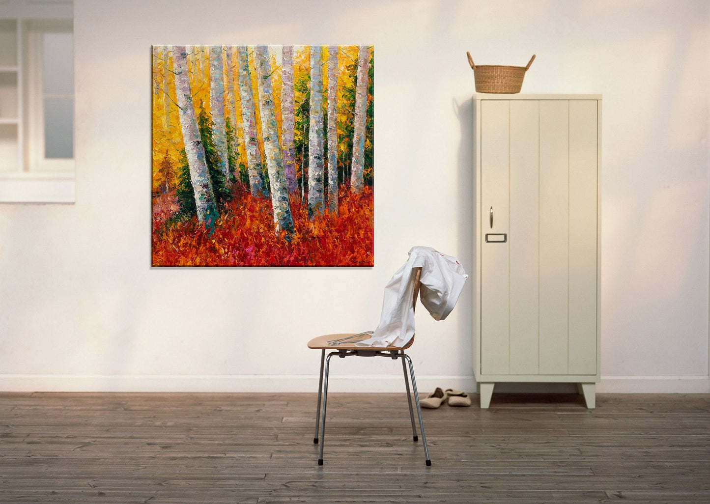 Oil Painting White Birch Trees Autumn, Landscape Wall Art, Large Canvas Art, Rustic Oil Painting, Textured Painting, Original Artwork