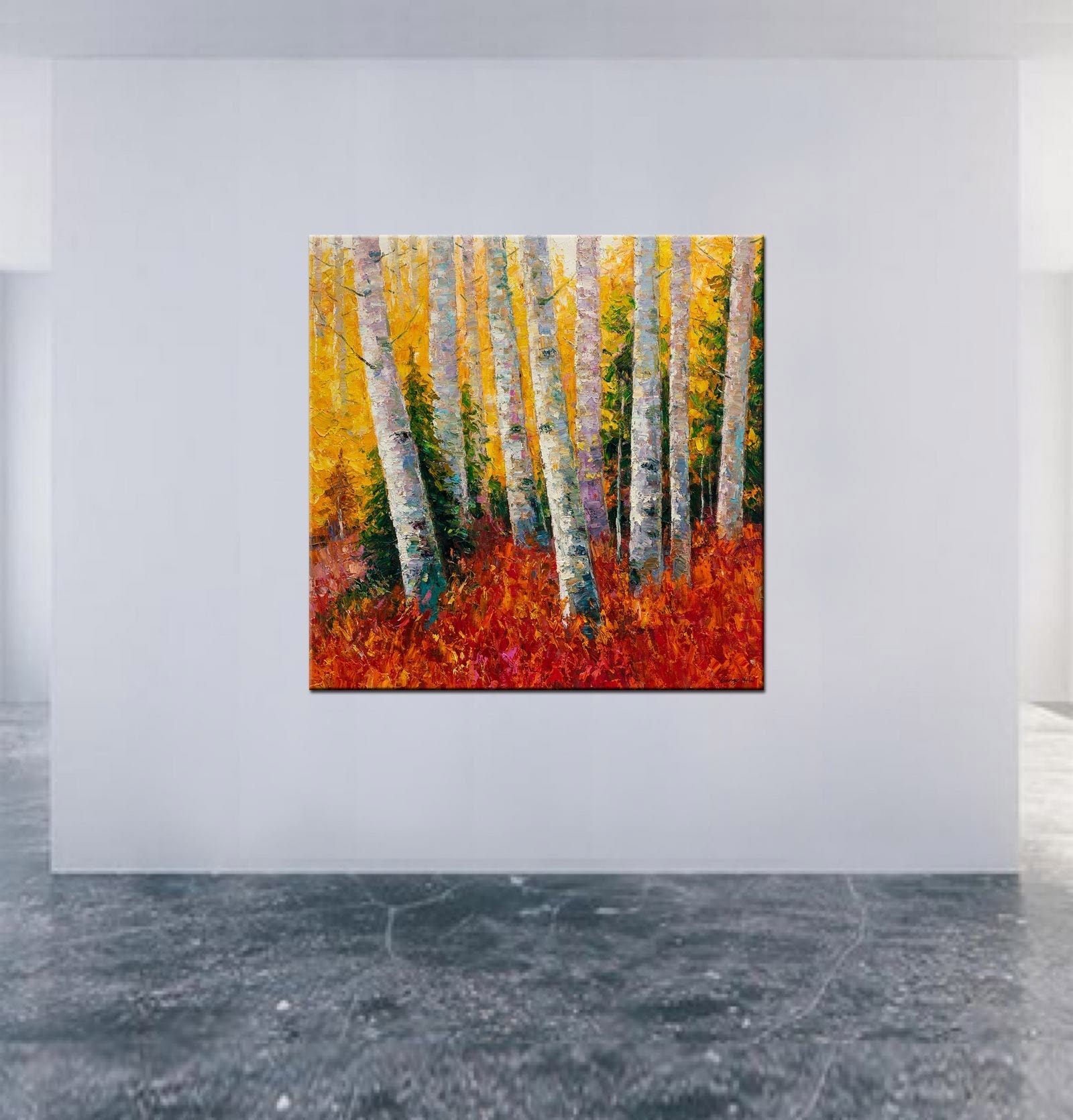 Oil Painting White Birch Trees Autumn, Landscape Wall Art, Large Canvas Art, Rustic Oil Painting, Textured Painting, Original Artwork