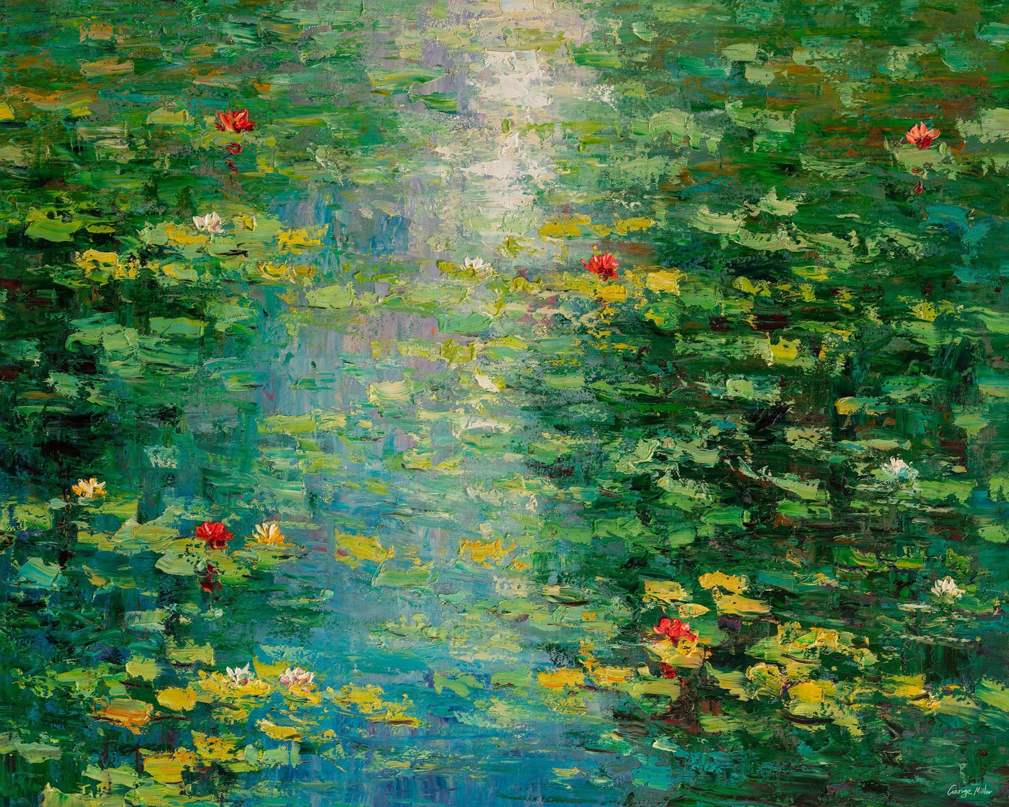 Experience the beauty of Spring with this Large Wall Art Oil Painting of Waterlilies Pond by George Miller, a colorful addition to any room