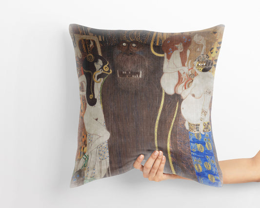 Gustav Klimt Famous Art Beethoven Frieze The Hostile Powers Abstract Throw Pillow Cover, Soft Pillow Cases, Gold, Contemporary Pillow