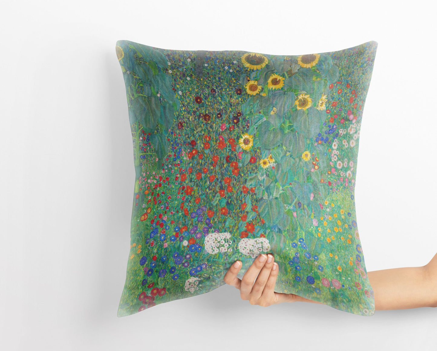 Gustav Klimt Famous Art Farm Garden With Sunflowers Throw Pillow Cover, Art Pillow, Green Pillow Cases, Art Nouveau Pillow, Square Pillow