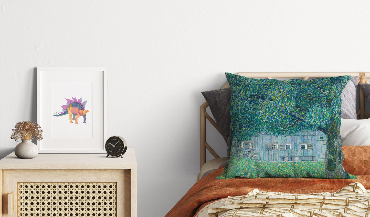 Gustav Klimt Famous Art Farmhouse In Buchberg, Abstract Throw Pillow, Soft Pillow Cases, Green Pillow Cases, Contemporary Pillow, Square