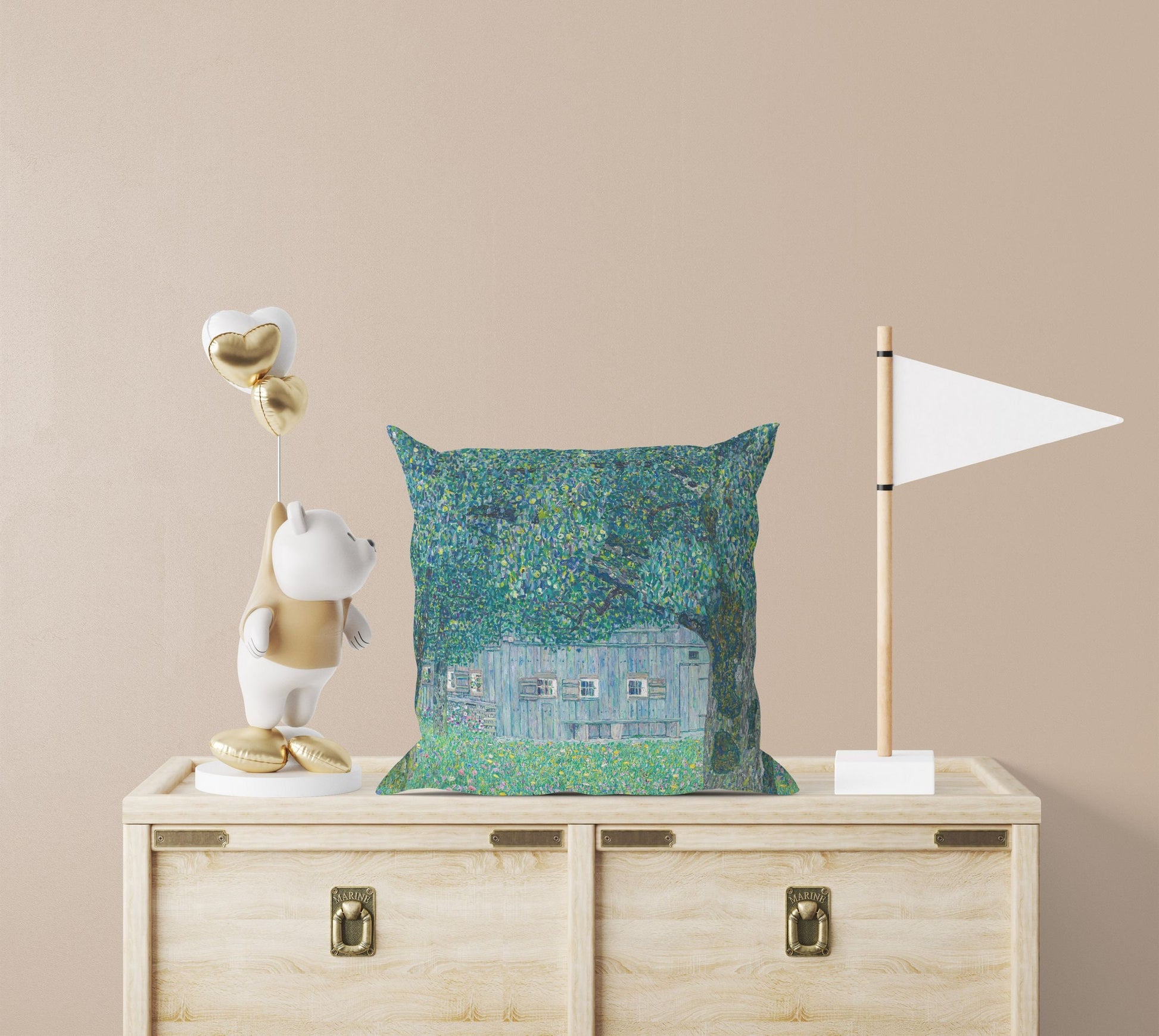 Gustav Klimt Famous Art Farmhouse In Buchberg, Abstract Throw Pillow, Soft Pillow Cases, Green Pillow Cases, Contemporary Pillow, Square