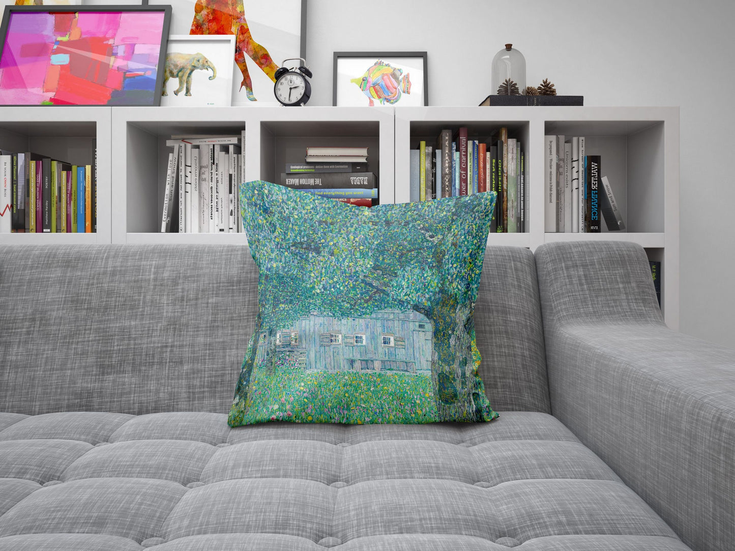 Gustav Klimt Famous Art Farmhouse In Buchberg, Abstract Throw Pillow, Soft Pillow Cases, Green Pillow Cases, Contemporary Pillow, Square