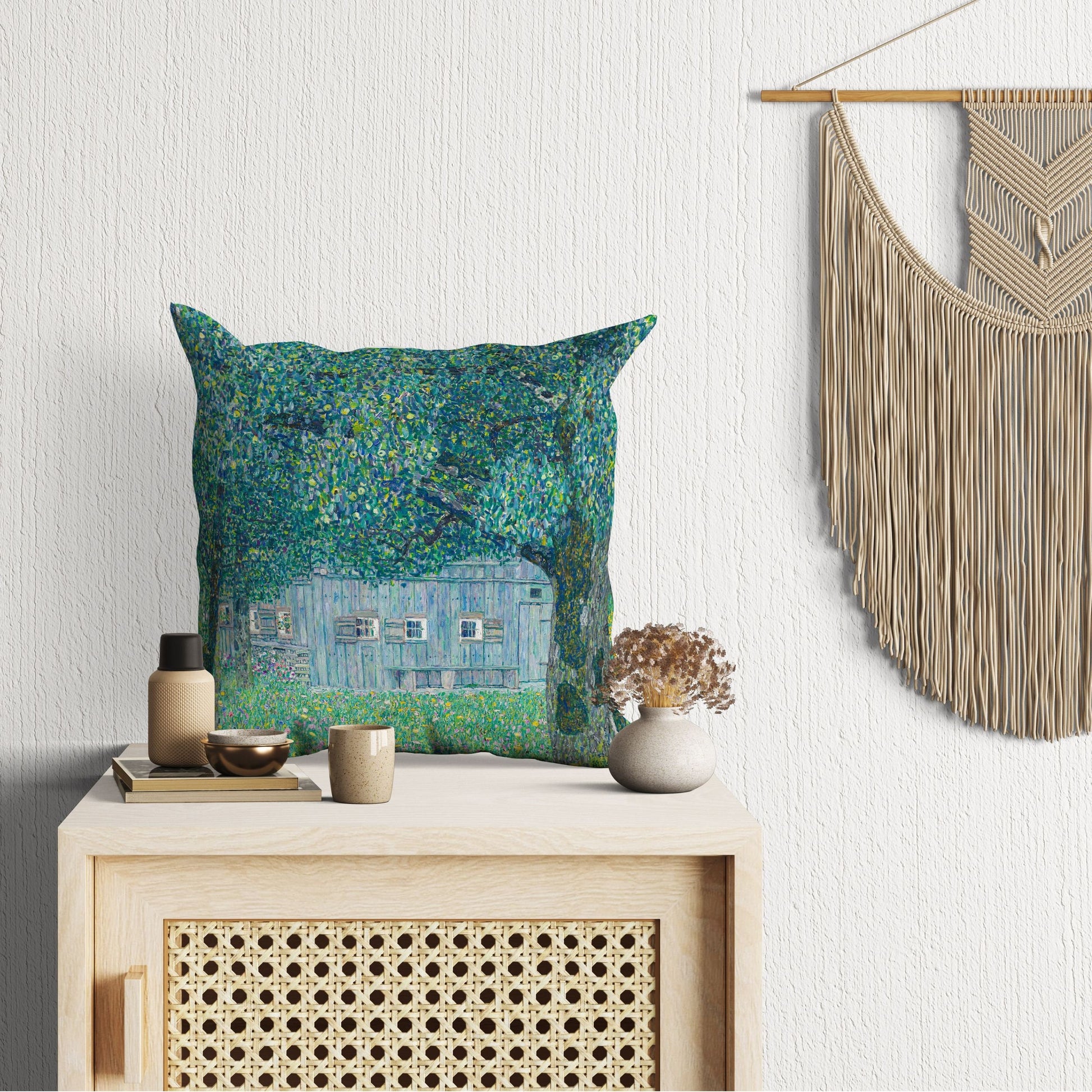 Gustav Klimt Famous Art Farmhouse In Buchberg, Abstract Throw Pillow, Soft Pillow Cases, Green Pillow Cases, Contemporary Pillow, Square