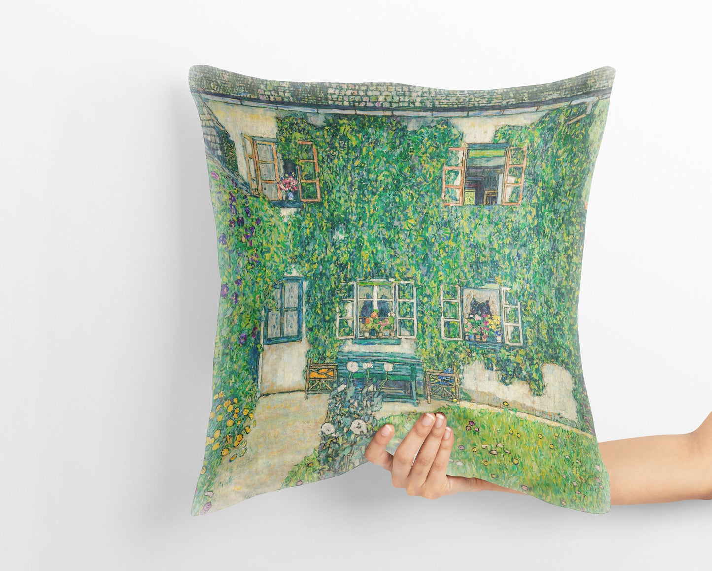 Gustav Klimt Famous Painting Forester'S House In Weissenbach II Throw Pillow Cover, Abstract Throw Pillow Cover, Artist Pillow, Green Pillow