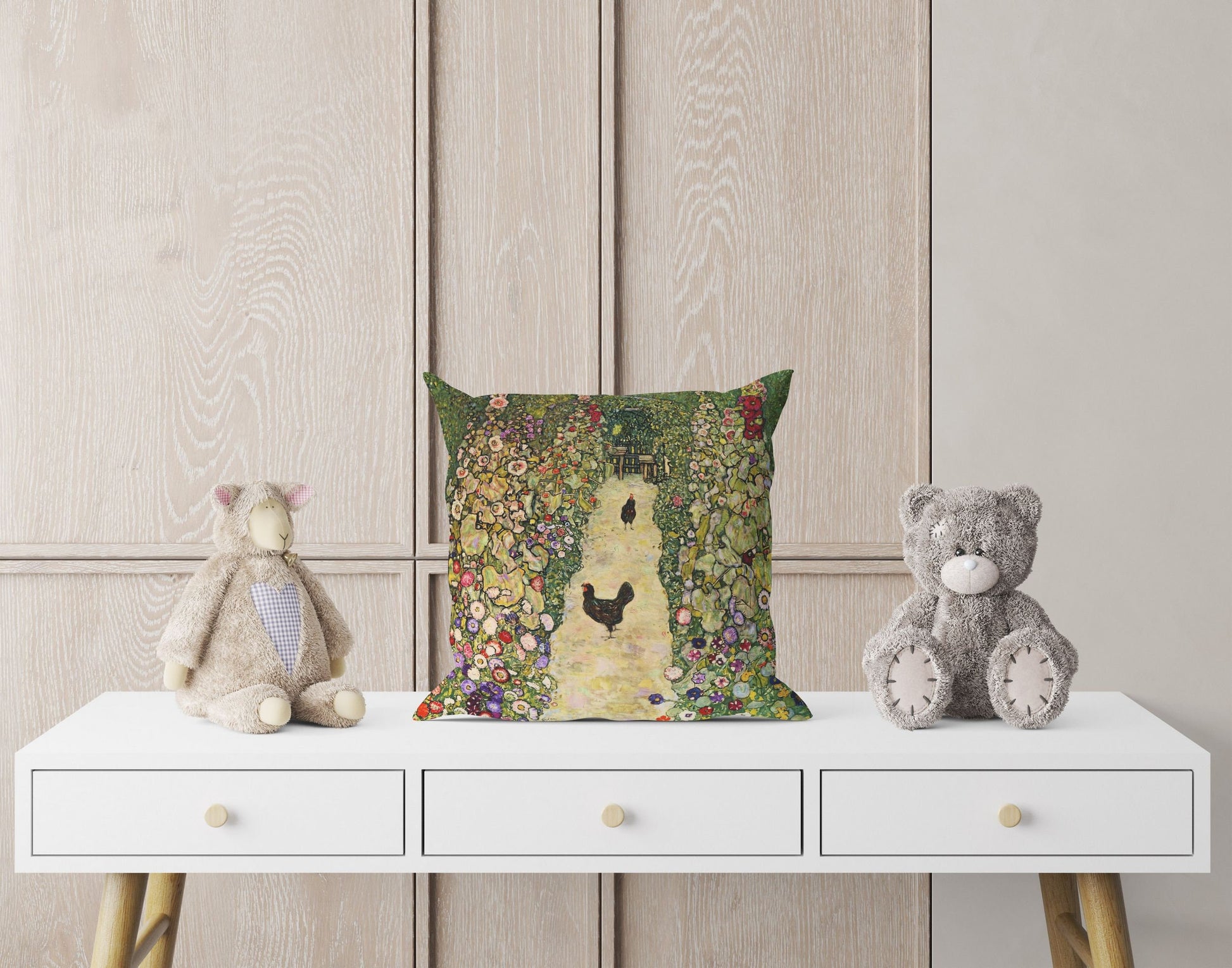 Gustav Klimt Famous Art Garden Path With Chickens Abstract Pillow, Soft Pillow Cases, Green Pillow Cases, Modern Pillow, 22X22 Pillow Cover