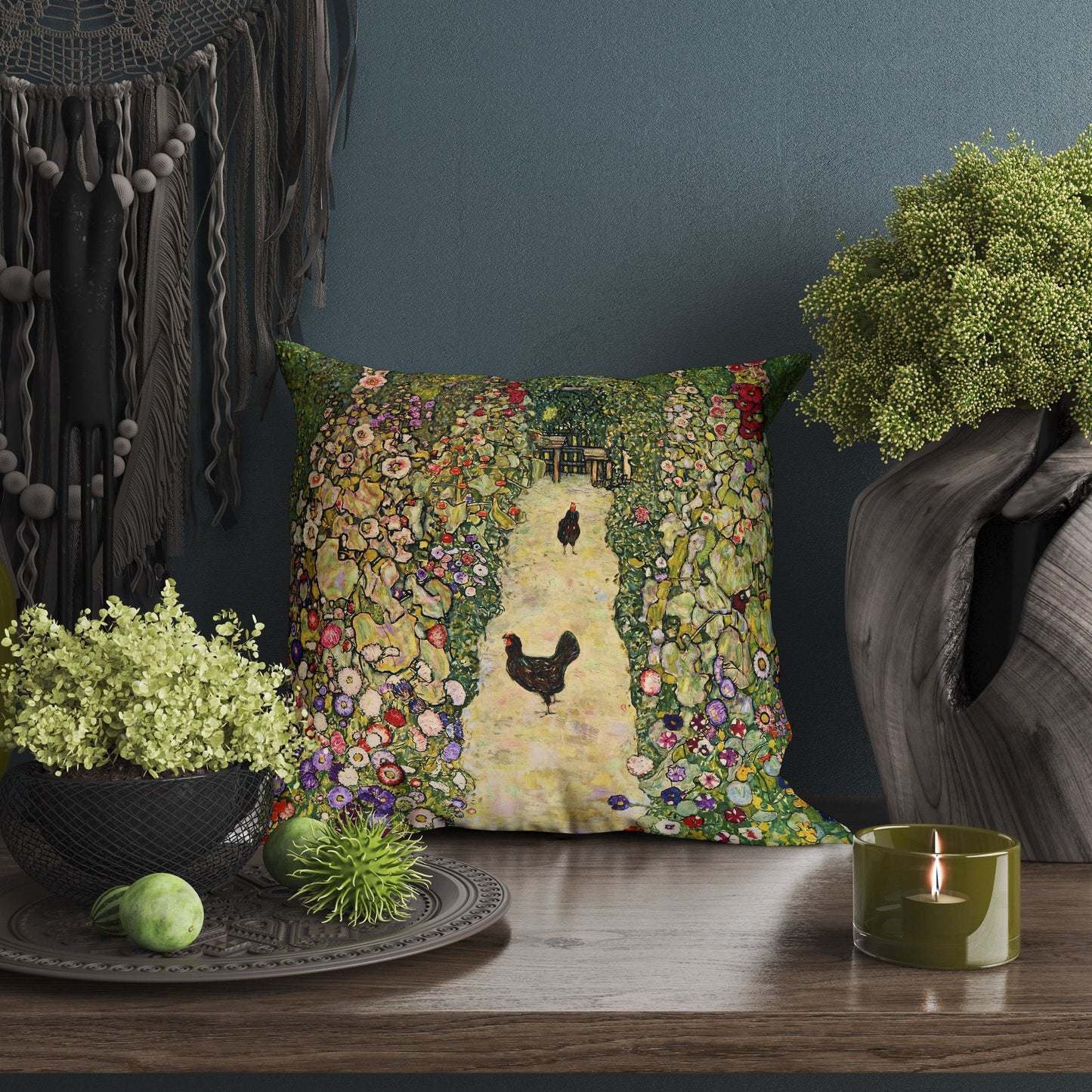 Gustav Klimt Famous Art Garden Path With Chickens Abstract Pillow, Soft Pillow Cases, Green Pillow Cases, Modern Pillow, 22X22 Pillow Cover