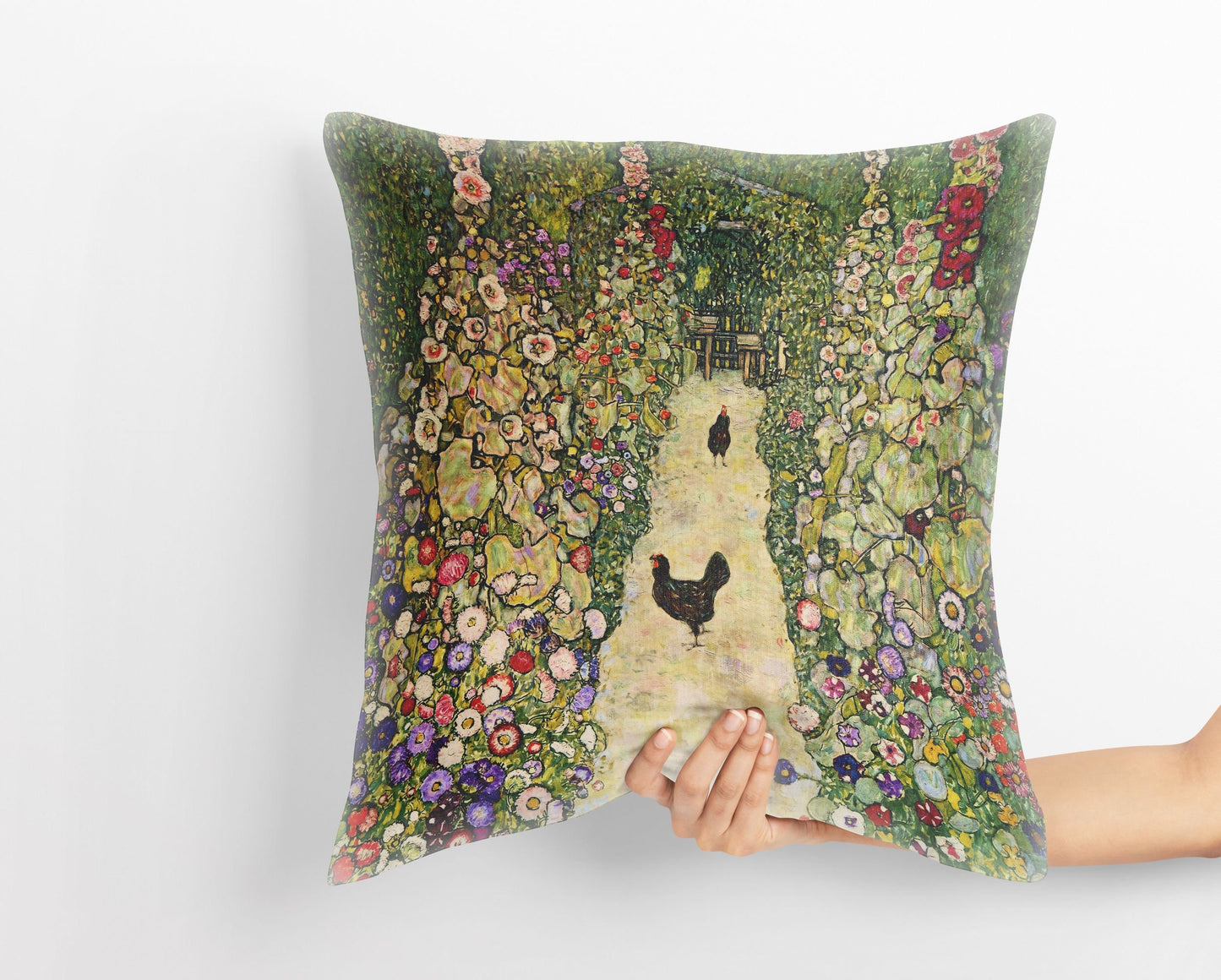 Gustav Klimt Famous Art Garden Path With Chickens Abstract Pillow, Soft Pillow Cases, Green Pillow Cases, Modern Pillow, 22X22 Pillow Cover