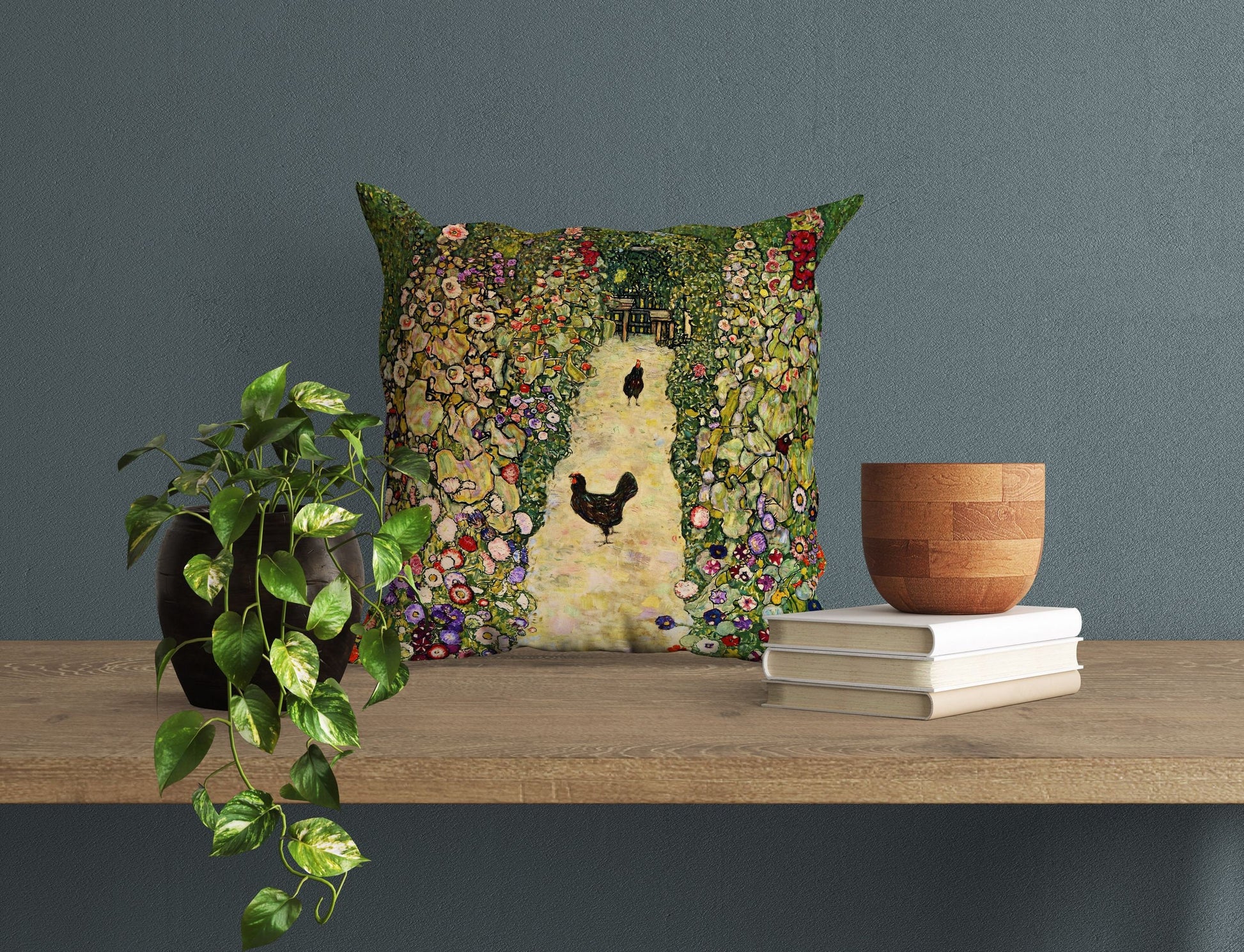 Gustav Klimt Famous Art Garden Path With Chickens Abstract Pillow, Soft Pillow Cases, Green Pillow Cases, Modern Pillow, 22X22 Pillow Cover