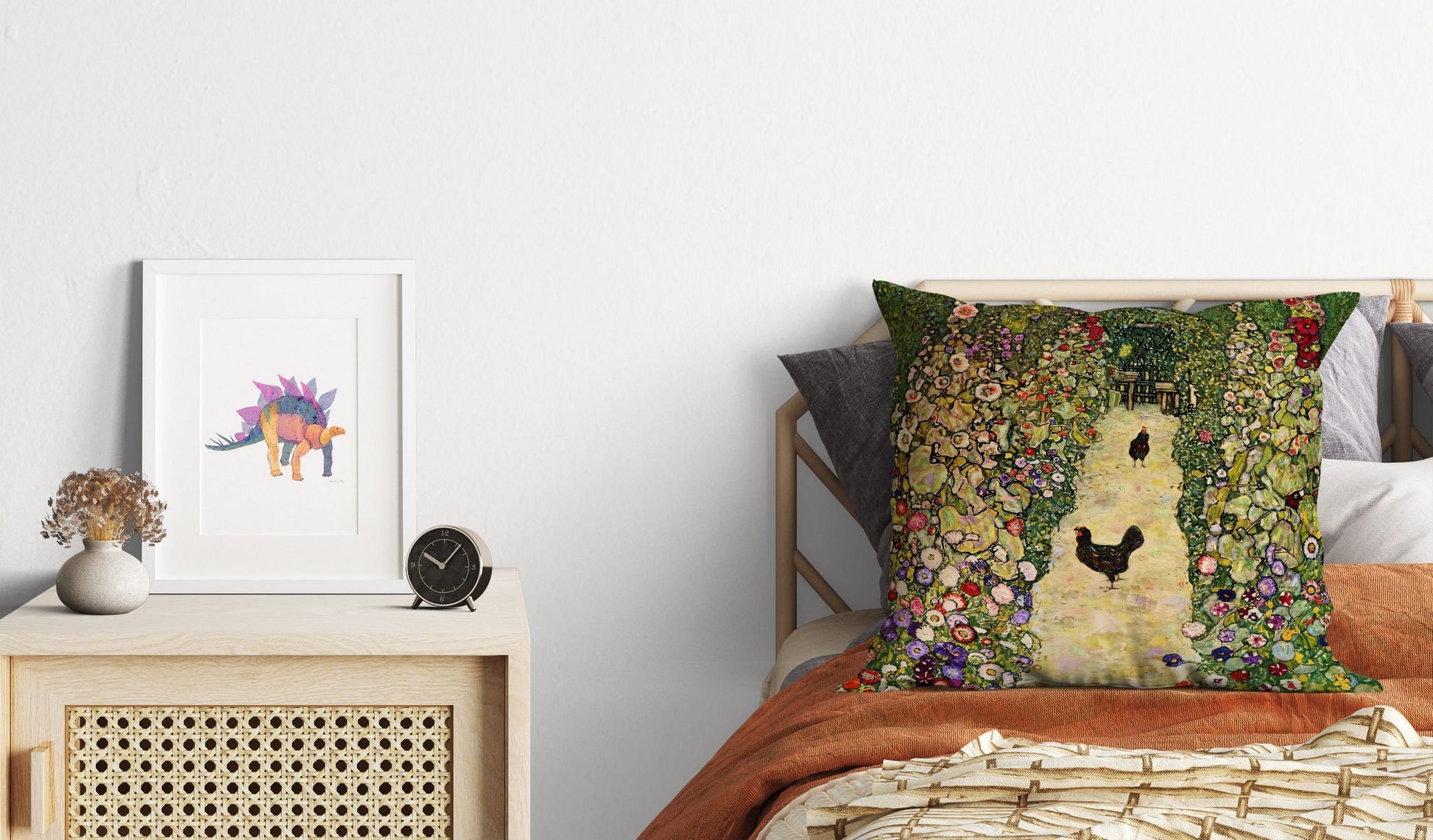 Gustav Klimt Famous Art Garden Path With Chickens Abstract Pillow, Soft Pillow Cases, Green Pillow Cases, Modern Pillow, 22X22 Pillow Cover