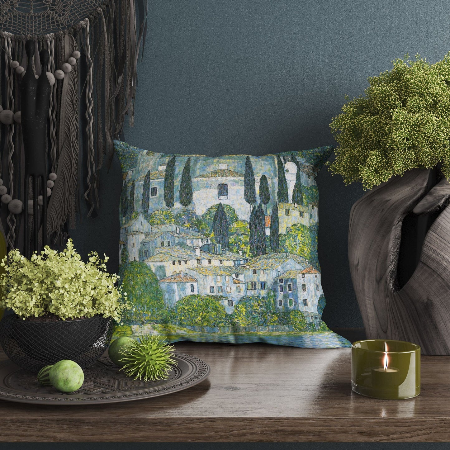 Gustav Klimt Famous Painting Kirche In Cassone, Decorative Pillow, Abstract Pillow, Designer Pillow, Green Pillow Cases, Modern Pillow