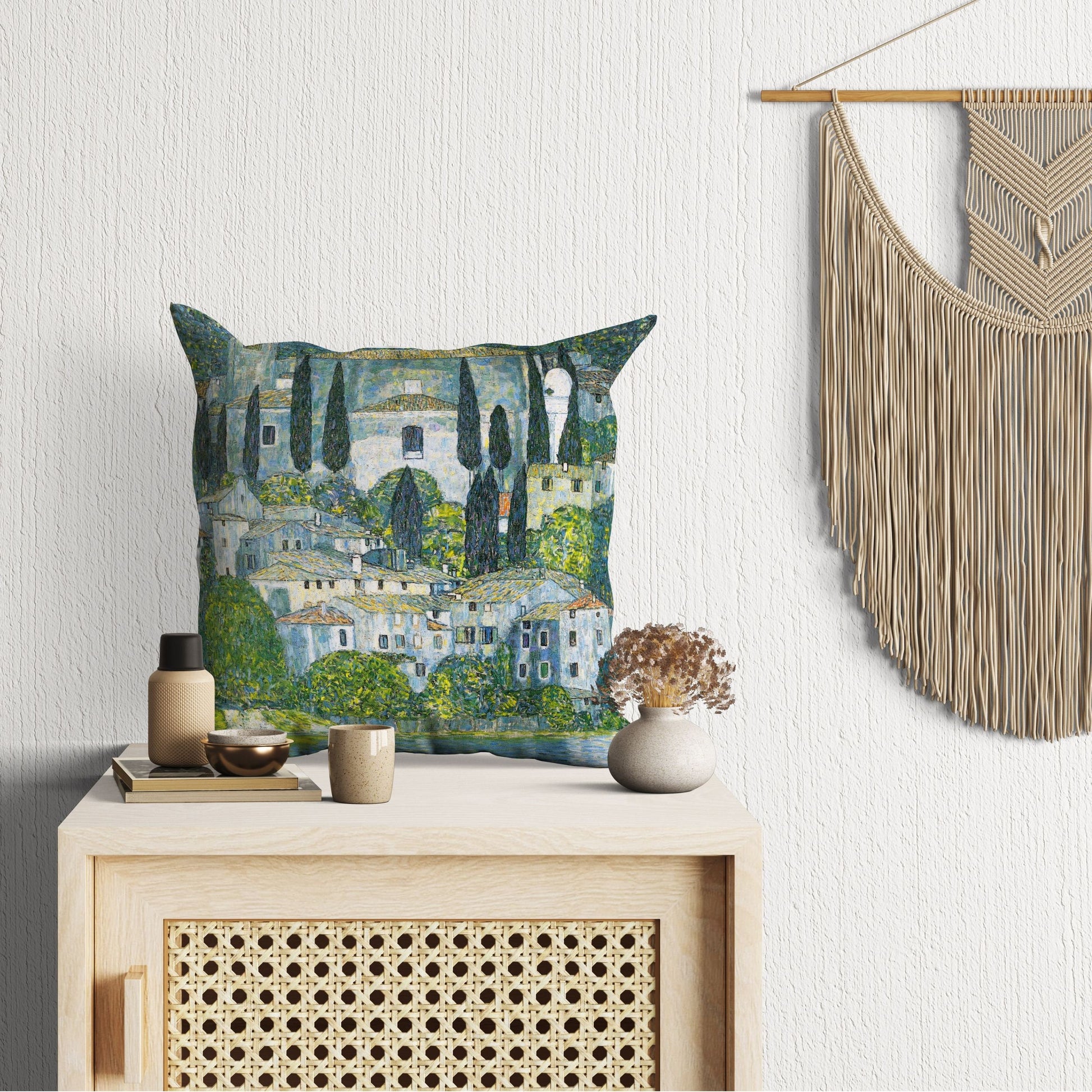 Gustav Klimt Famous Painting Kirche In Cassone, Decorative Pillow, Abstract Pillow, Designer Pillow, Green Pillow Cases, Modern Pillow